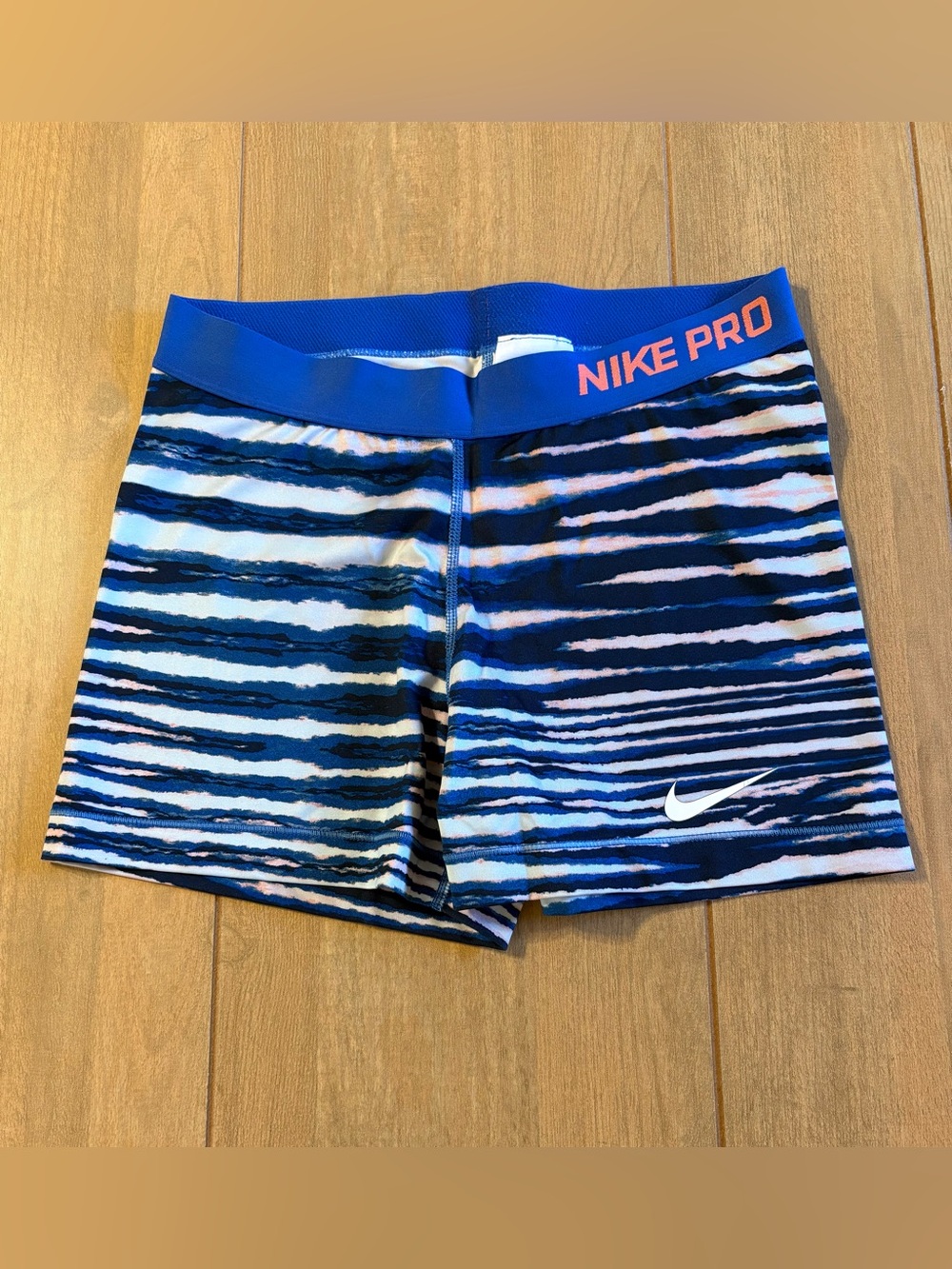 Nike Pro Girls Large Blue Stripe Compression Shorts Youth L Dri-FIT Dance Cheer - Picture 2 of 10